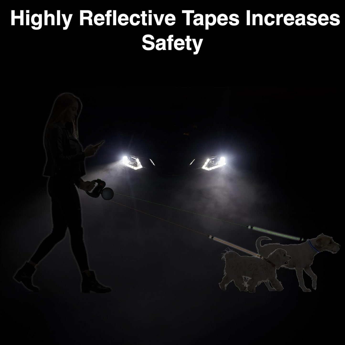 Retractable Dual Doggie Leash with LED Light, 360 Swivel No Tangle for Each Dog Independent Braking with 3M Reflective Leads